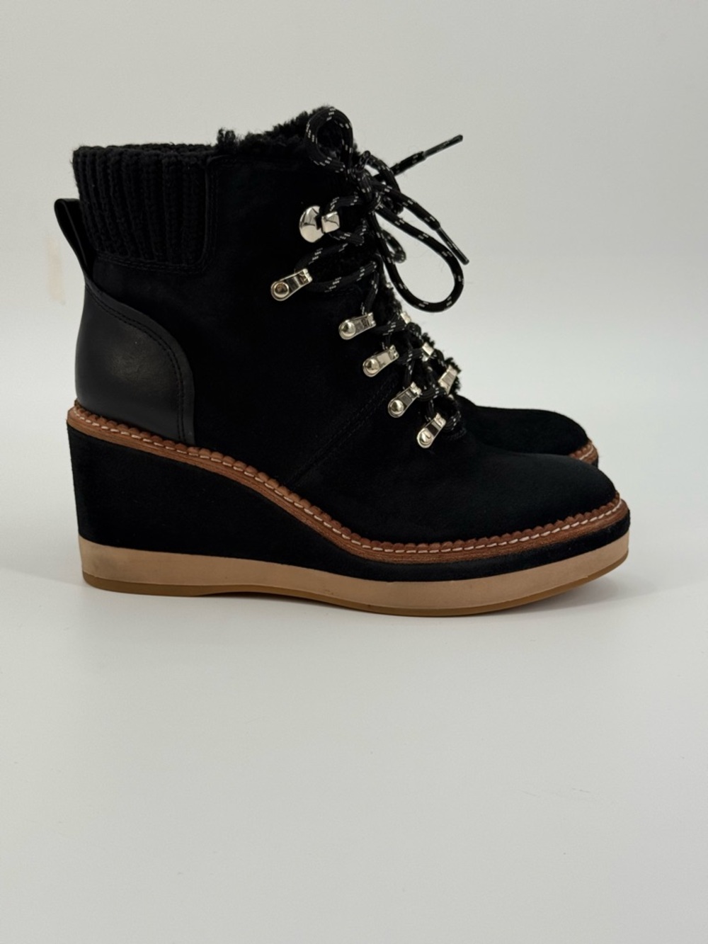 Kate Spade Willow Wedge Lace Up Knit Collar Suede Platform Booties SZ 7.5B - Picture 8 of 16